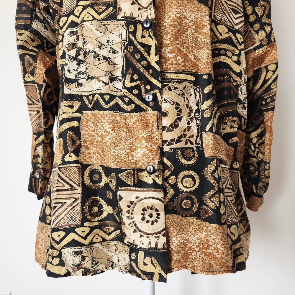 Vintage Gold Silk Blouse Medium Tribal Print Funky Multi Silk Ncounters 80s 90s - Picture 3 of 14